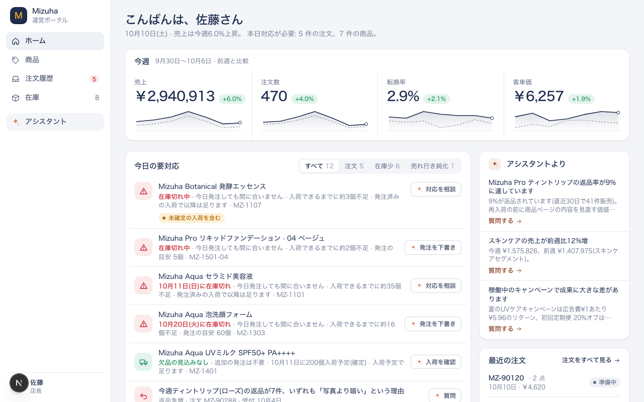 運営ポータルのホーム。今日決める発注が先頭に並ぶ